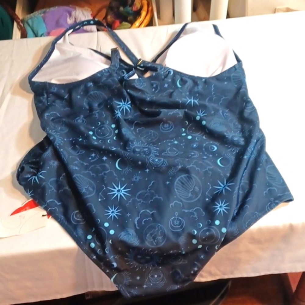Cider NWT Moon & Stars Blue One Piece Tummy Thinner Swimsuit XL 14-16 - Picture 4 of 14